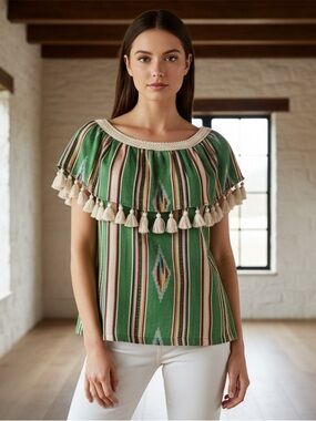 Judith March Green Multicolor Striped Tassel Blouse